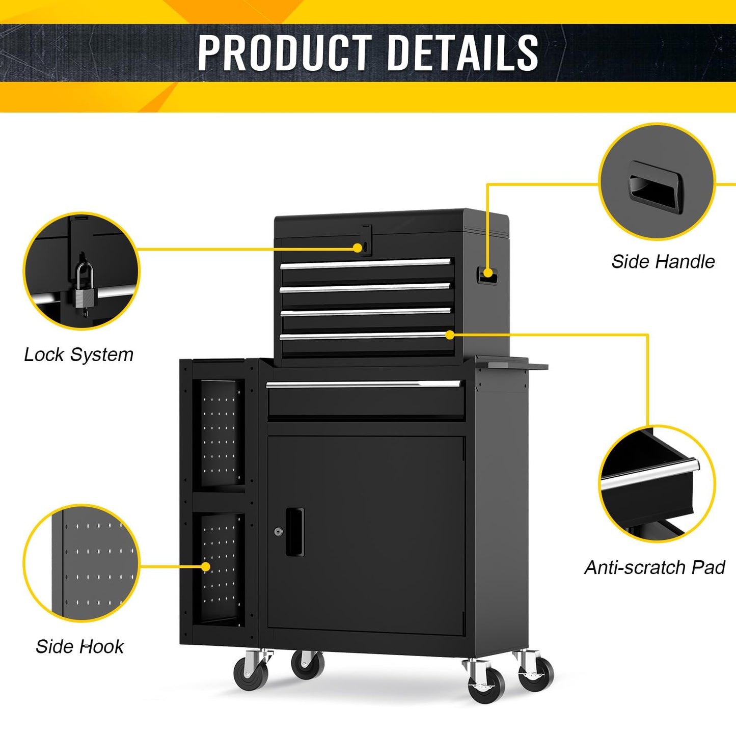 5-Drawers Rolling Tool Chest, Assembled Tool Box with Auto LocSystem & Lockable Wheels & Sliding Drawers & Detachable Top, Tool StoraCabinet