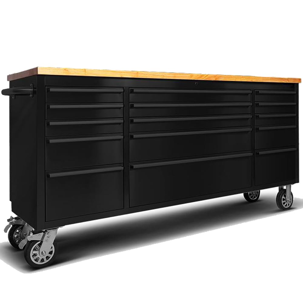72" Rolling Tool Chest with 15 Drawers, Lockable StoraCabinet, Black Mobile Workbench, Assembled Black LarTool Box with Wheels for GaraWorkshop (1 × HTC7215PC-1)