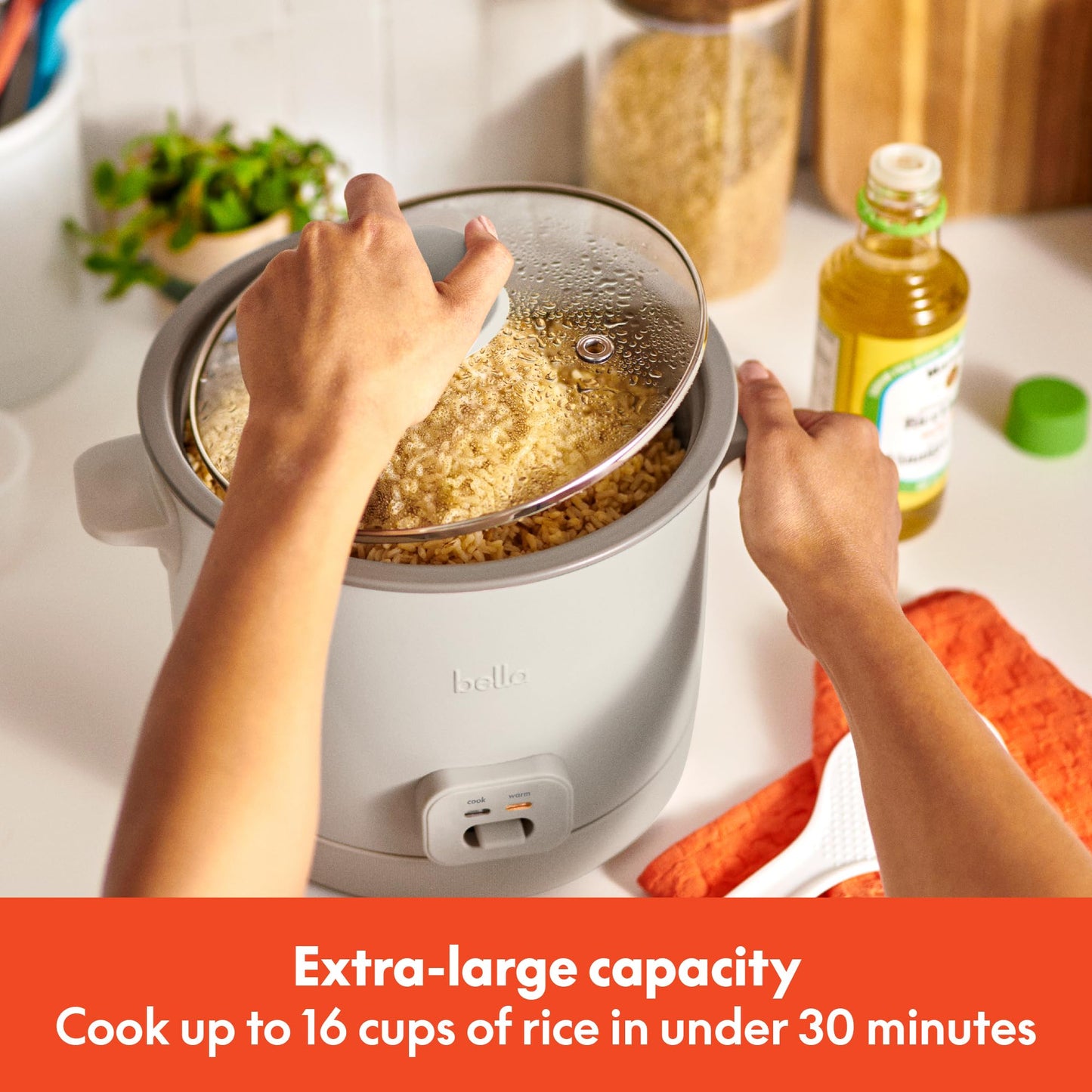 16 Cup Rice Cooker with Steamer, Dishwasher Safe Steaming Basket, Rice Paddle and Measuring Cup, Removable Nonstick CooBowl, Automatic Keep Warm Function, 400 Watt, Oatmilk