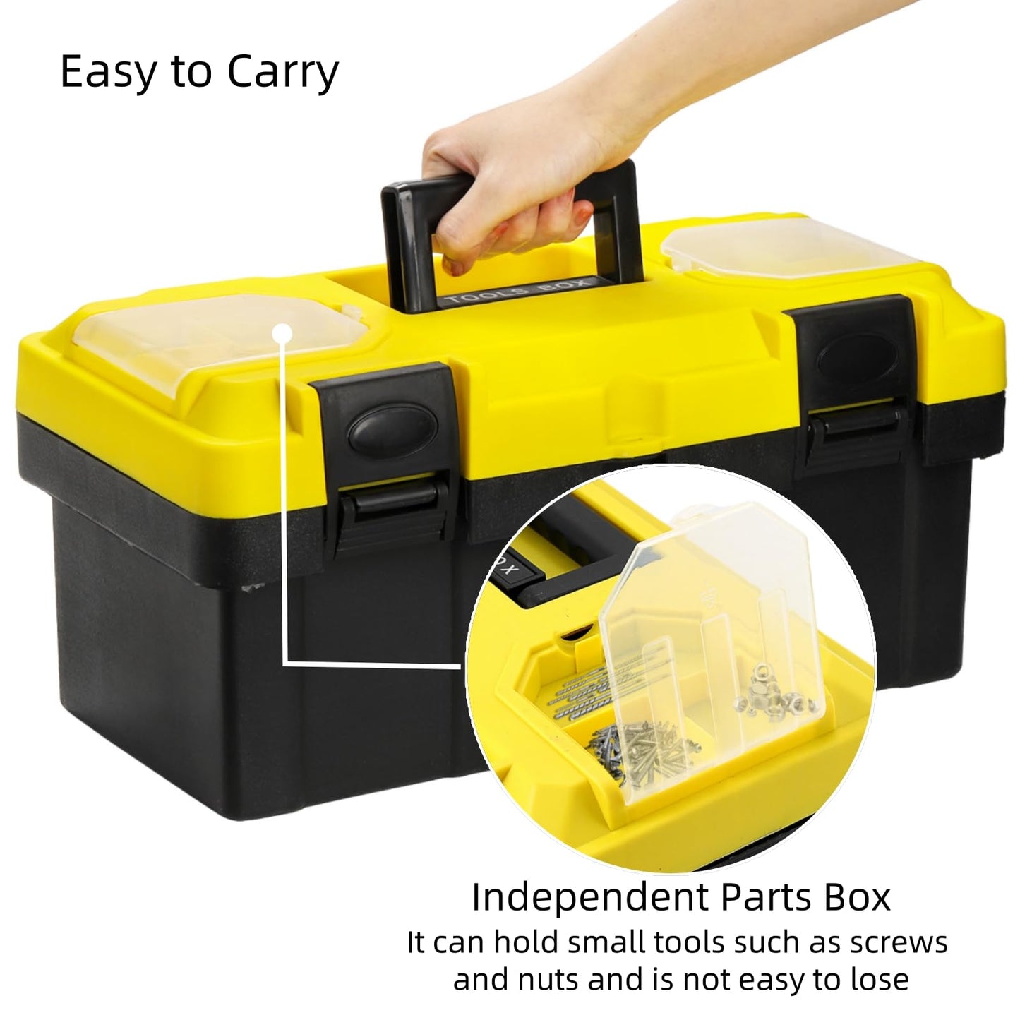 16 Inch Plastic Tool Box with Handle, Portable Toolbox with Removable Tray and Lockable , Heavy Duty Toolbox Organizer with Small Parts Box for Household Workshops Garages, Black Yellow