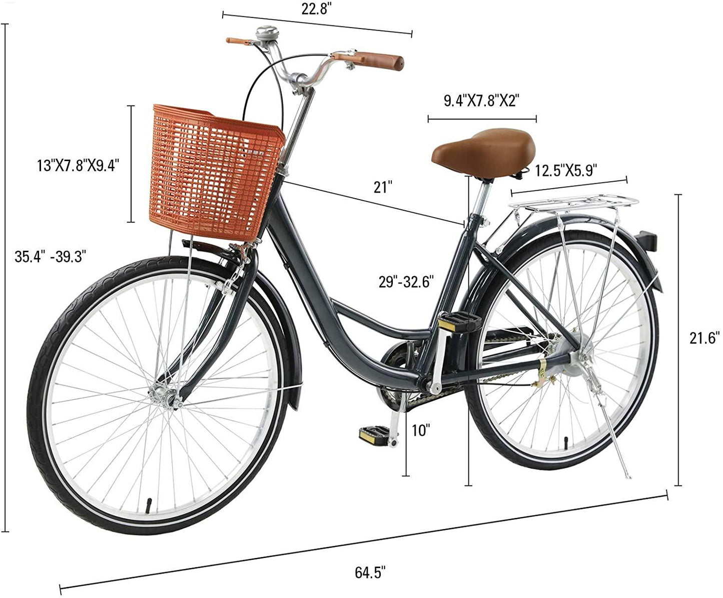 Viribus Single Speed Beach Cruiser Bike, Comfortable Commuter Bicycle, High-Carbon Steel Frame, Front Basket &amp; Bell, Rear Racks (Blue, 24")