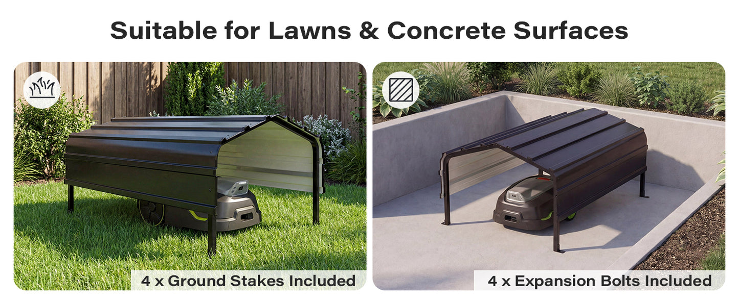 Robot Mower Garage, Outdoor StoraShed with Rust-Resistant Metal Roof, All-Weather Protection for Lawn Mowers, Garden Tool Fits Most Standard Lawn Mowers