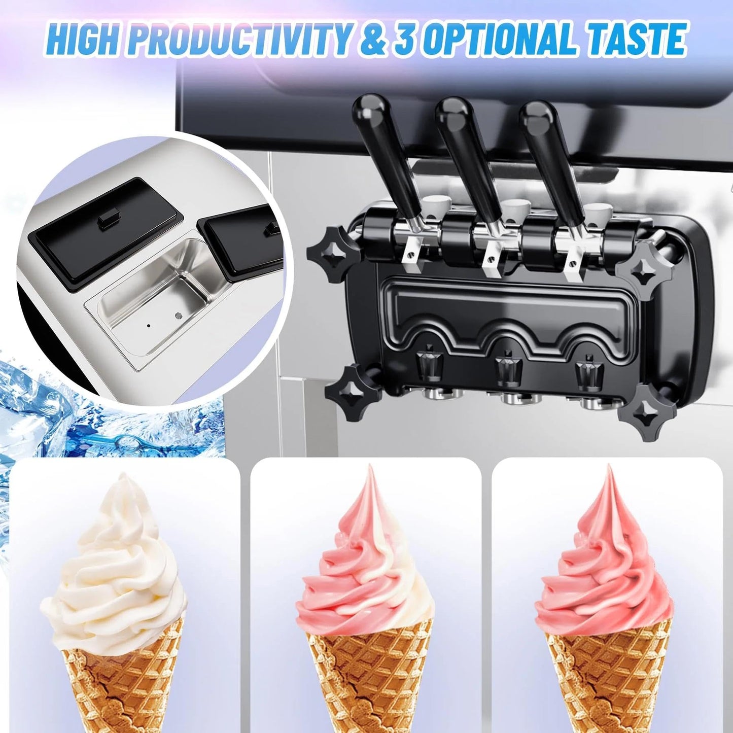 Commercial Soft Serve Ice Cream Machine, 2200W 3 Flavor Soft Serve Maker with LCD Touch Screen, 5.3-7.4 Gal/Hr High Output  Steel Countertop Ice Cream Maker for Restaurants, Snack Bars, Cafes