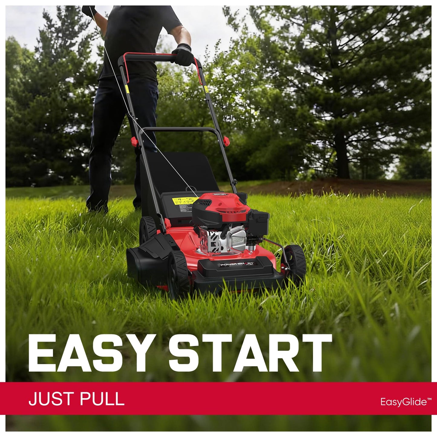 EasyGlide 21-Inch Gas Lawn Mower, 144cc 4-Stroke OHV Engine, Push Walk-Behind, 3-in-1 Mulch/Bag/Side Discharge, Steel Deck, 6 Height Adjustment