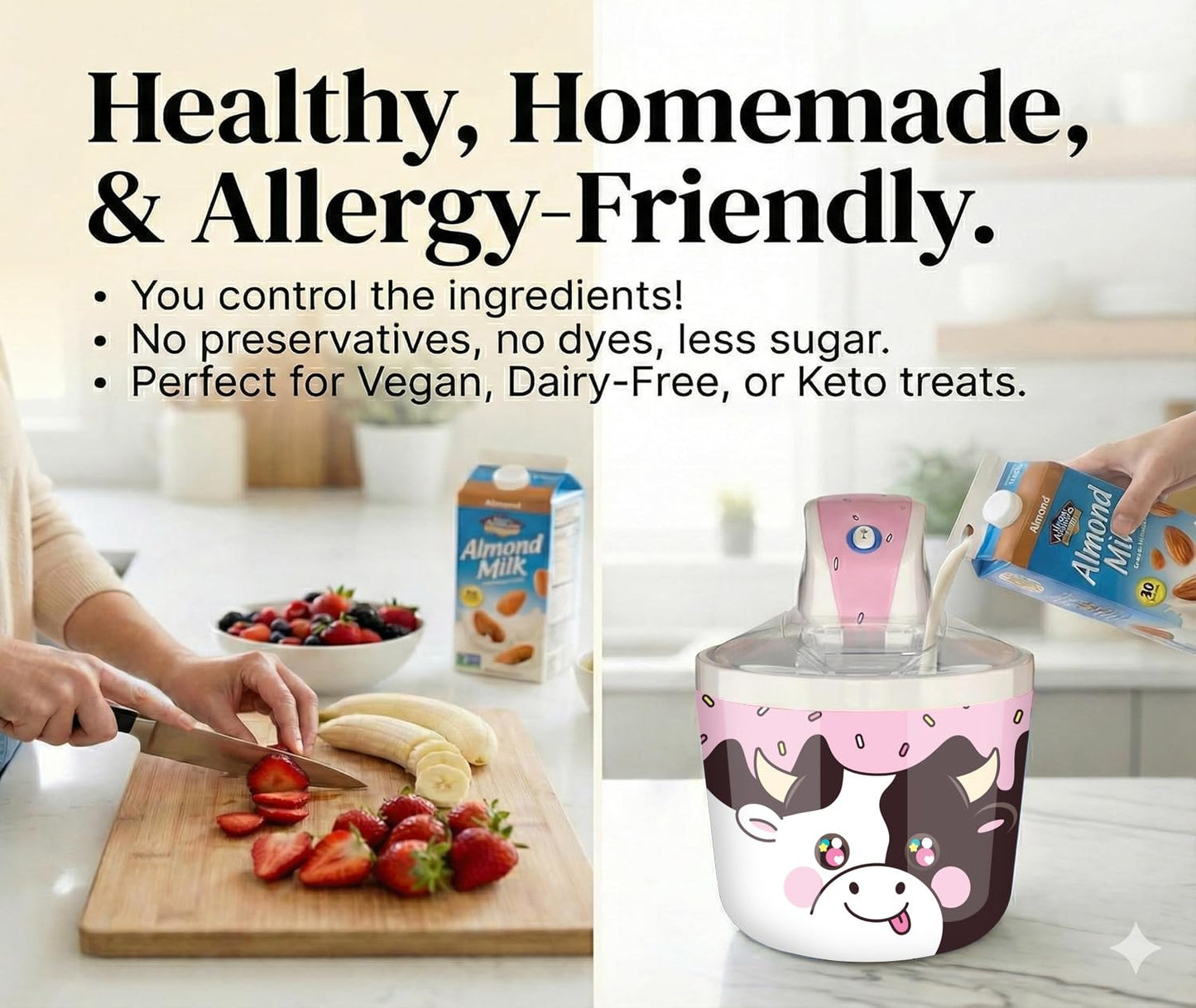 1.2 Qt Cow Electric Ice Cream Maker for Kids - Best Countertop Ice Cream Machine for Homemade Soft Serve, Sorbet, Gelato, Frozen Yogurt - Fun Desserts for Families, Easy to Clean
