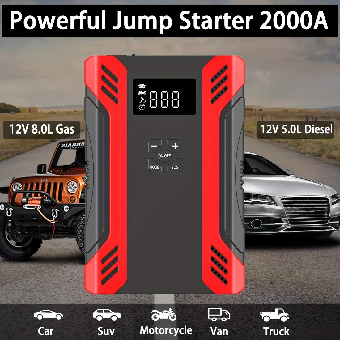 2000A Car Jump Starter With Air Compressor (8.0L Gas/5.0L Diesel), 6-in-1 Portable Charger Lithium Battery Box With Fast Charging 3.0 & DC12V 8A