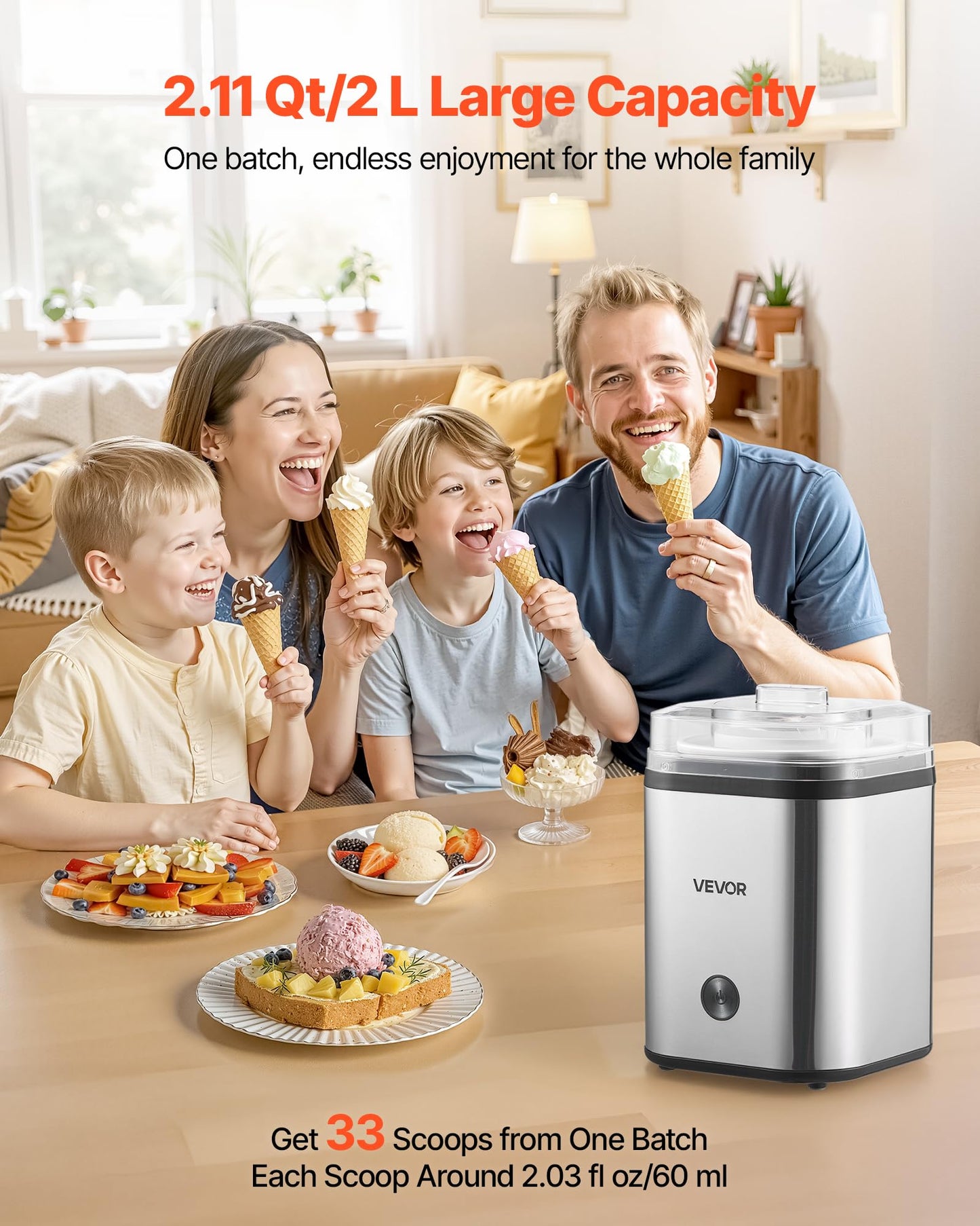 Ice Cream Maker, 2.11 Qt. LarCapacity, Electric Automatic Ice-Cream Machine, with Easy Operation & Cleaning,  Steel Shell, for Homemade Frozen Yogurt, Fruit Sorbet, Gelato, Silver