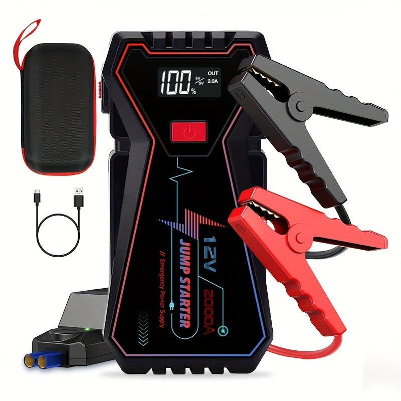 2000A Peak Current Jumper Cables Kit For Car Upto 12V 2.11gal Gas/1.59gal Diesel Engine With USB  Charging And  LED Jump Starter Battery Pack