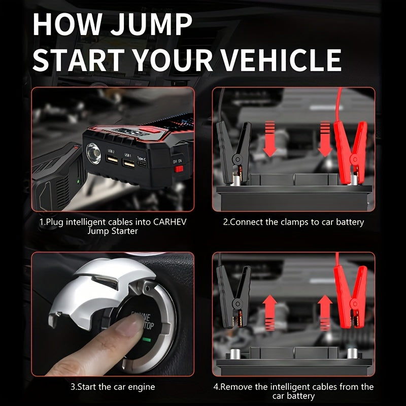 2000A Peak Current Jumper Cables Kit For Car Upto 12V 2.11gal Gas/1.59gal Diesel Engine With USB  Charging And  LED Jump Starter Battery Pack