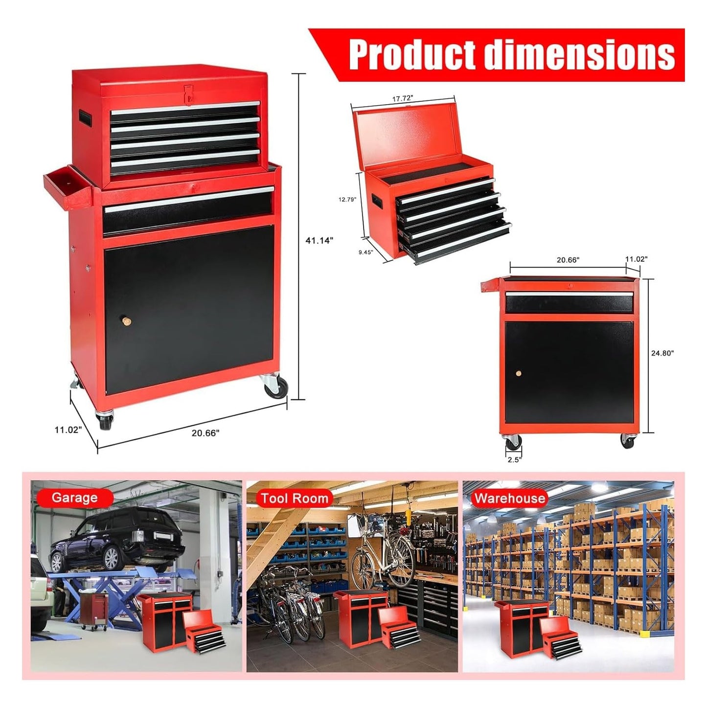 5-Drawer Rolling Tool Chest, 2 in 1 Tool StoraCabinet with Detachable Top, Steel Tool Box with Wheels, Red and Black, Lockable, for GaraWorkshop