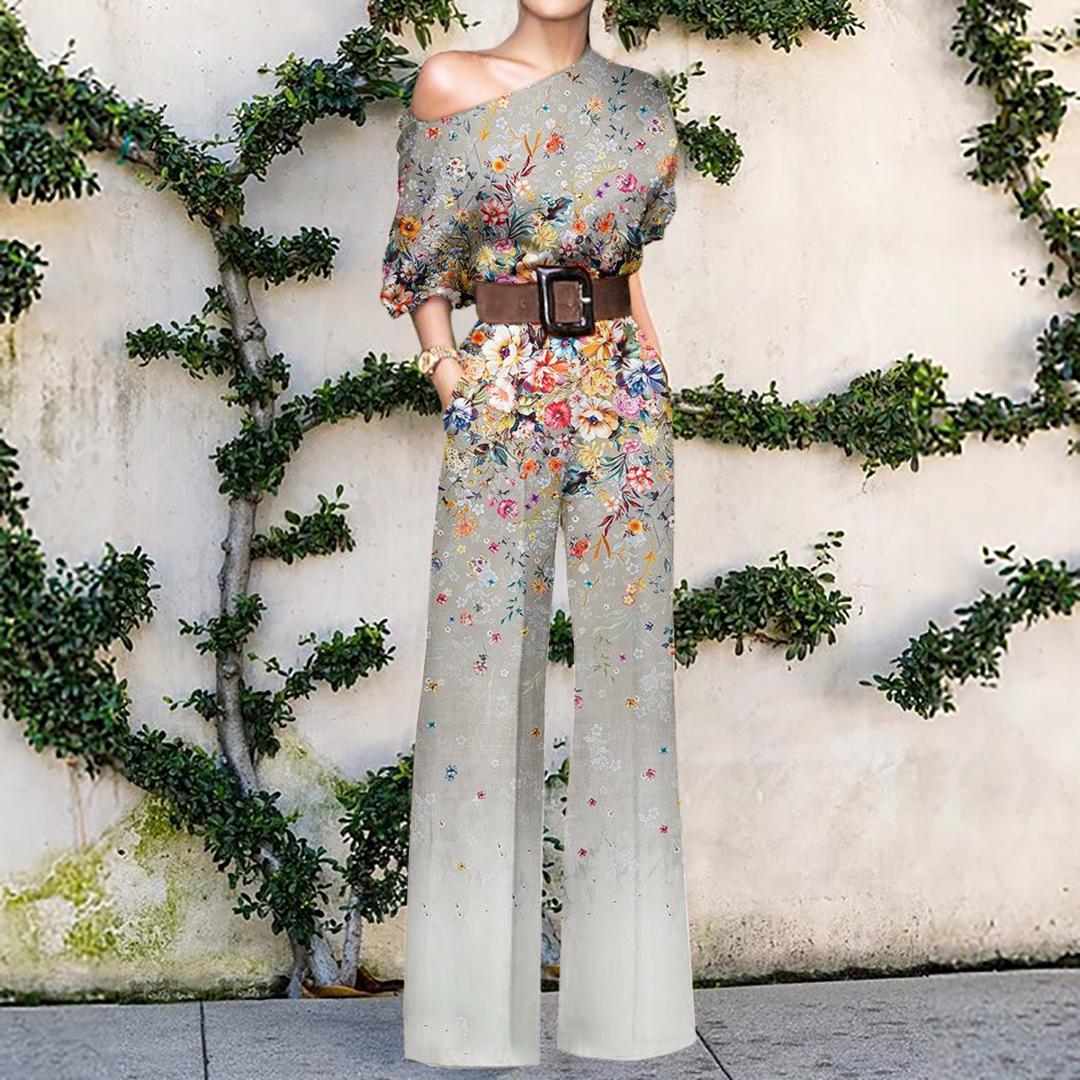 Fashion Floral Print One Shoulder Holiday Casual Jumpsuit Women