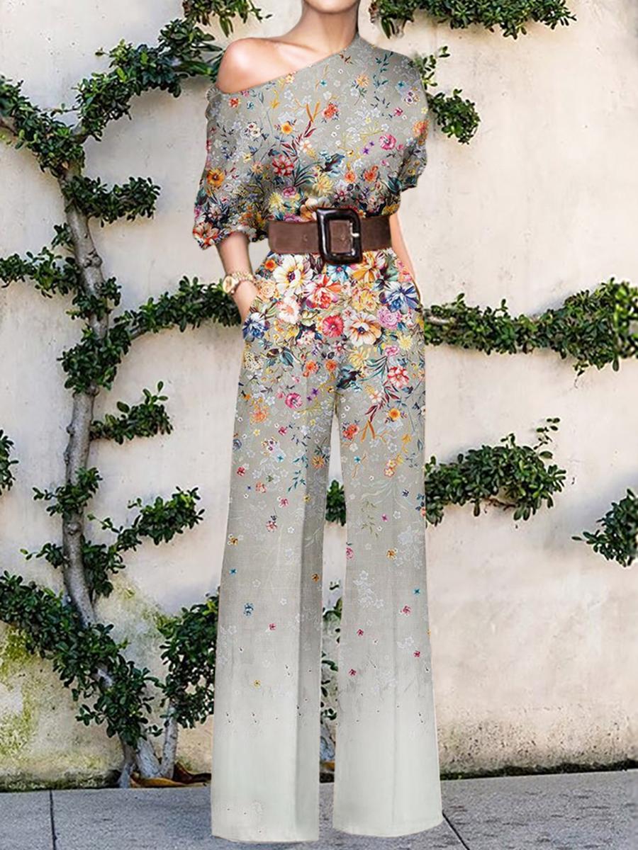 Fashion Floral Print One Shoulder Holiday Casual Jumpsuit Women