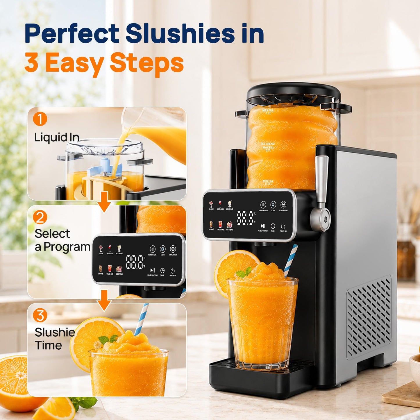 Slushie Machine for Home No Ice Needed Frozen Drink Maker with 6 Preset Modes for Ice Cream, Frappés, Milk Shake, Slushy Machine with LED Display Ideal for Family Gathering, Black, 1 Pack+6 Modes