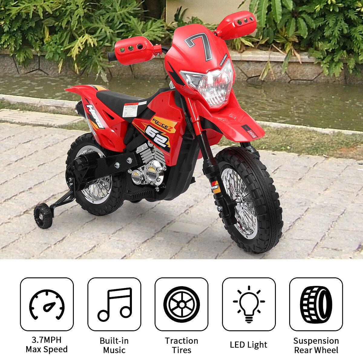 Kids Electric Ride On Cars, 6V Battery Powered Electric Motorcycle Toy for Kids to Ride, Multi Function Ride-On Car for Children Child, w/Training Wheels