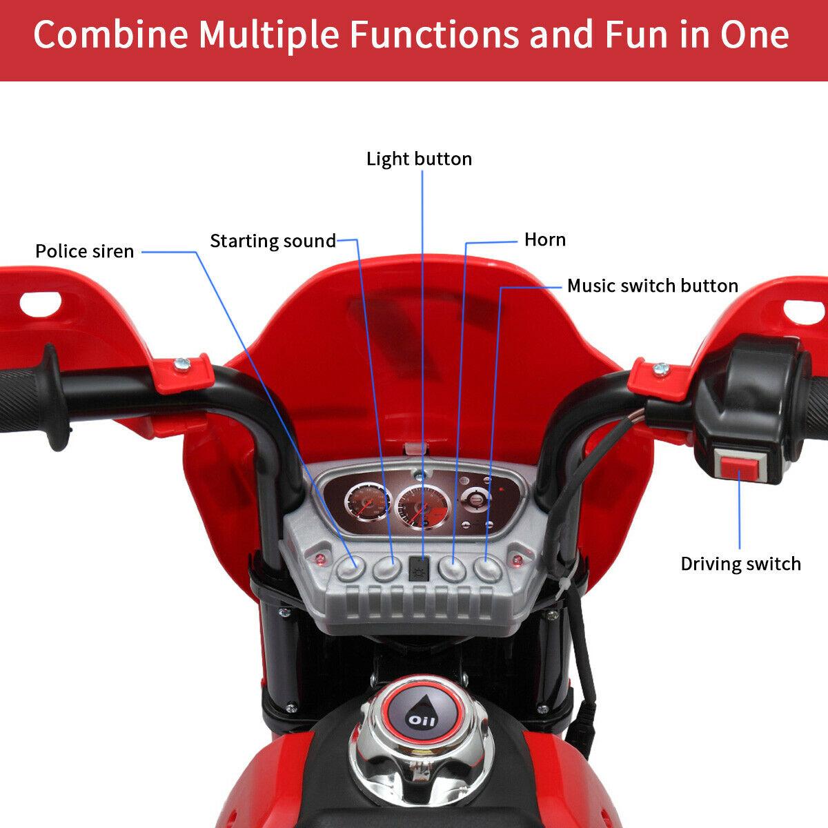 Kids Electric Ride On Cars, 6V Battery Powered Electric Motorcycle Toy for Kids to Ride, Multi Function Ride-On Car for Children Child, w/Training Wheels