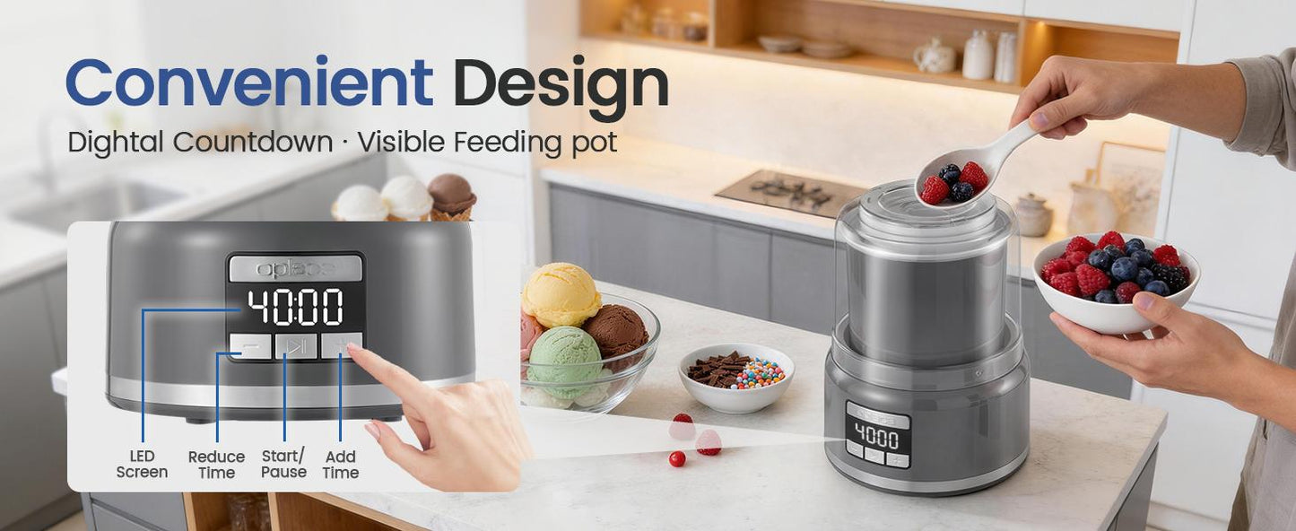 2.1 Qt Countertop Ice Cream Maker – Make Gelato, Sorbet & Frozen Yogurt in as Little as 20–30 Minutes, Fast Cooling, Visible Feeding Port, Easy 3-Button Control (Gray)
