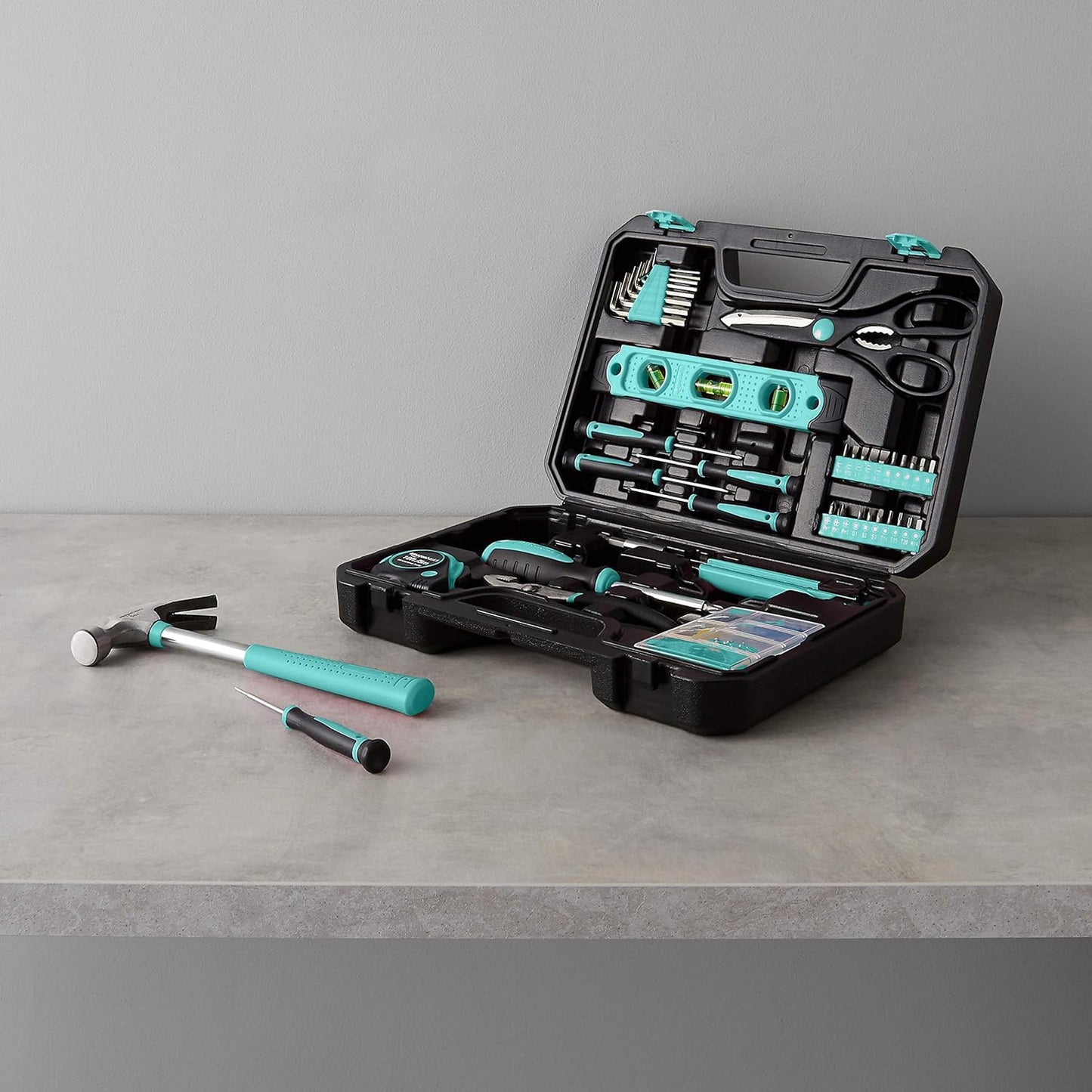 142-Piece Household Tool Kit for Home Repair, Hand Tools with StoraCase, 13.39 x 9.25 x 2.95 inch, Turquoise