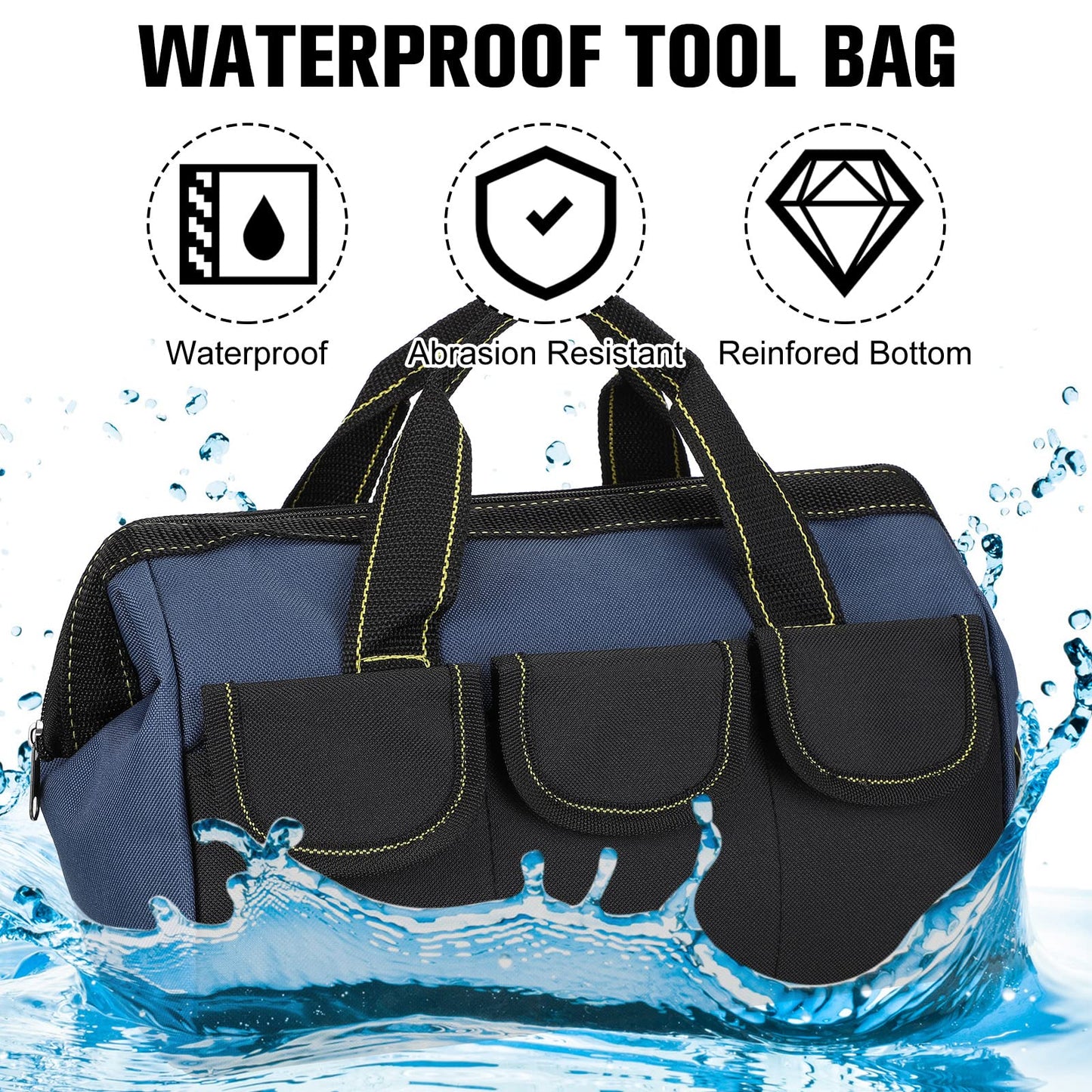 3 Pack Tool Bag for Men with Waterproof Hard Bottom, Heavy Duty Tool Bag Wide Mouth Tote for Various Instrument, Electrician Carpenter Mechanic(Blue, Red, Yellow,13 Inch,Classic)