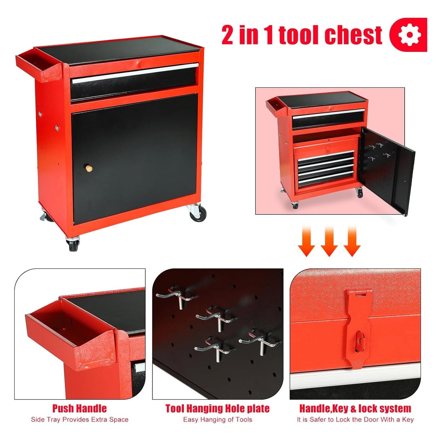 5-Drawer Rolling Tool Chest, 2 in 1 Tool StoraCabinet with Detachable Top, Steel Tool Box with Wheels, Red and Black, Lockable, for GaraWorkshop