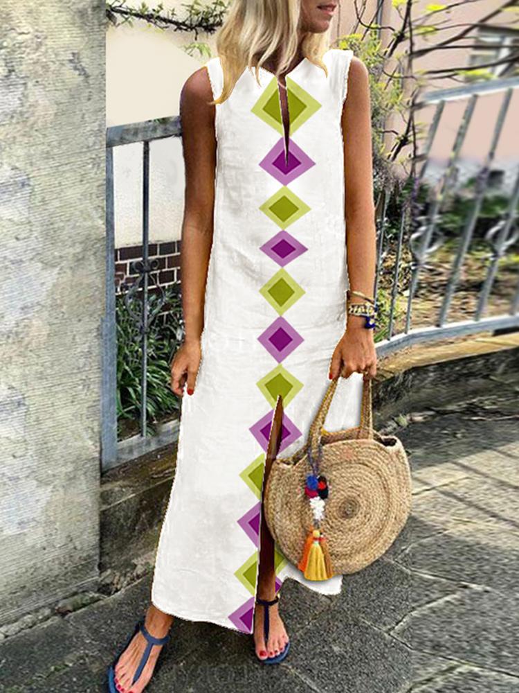 Cotton/Linen V-Neck Bohemian Printed Sleeveless Casual Dress
