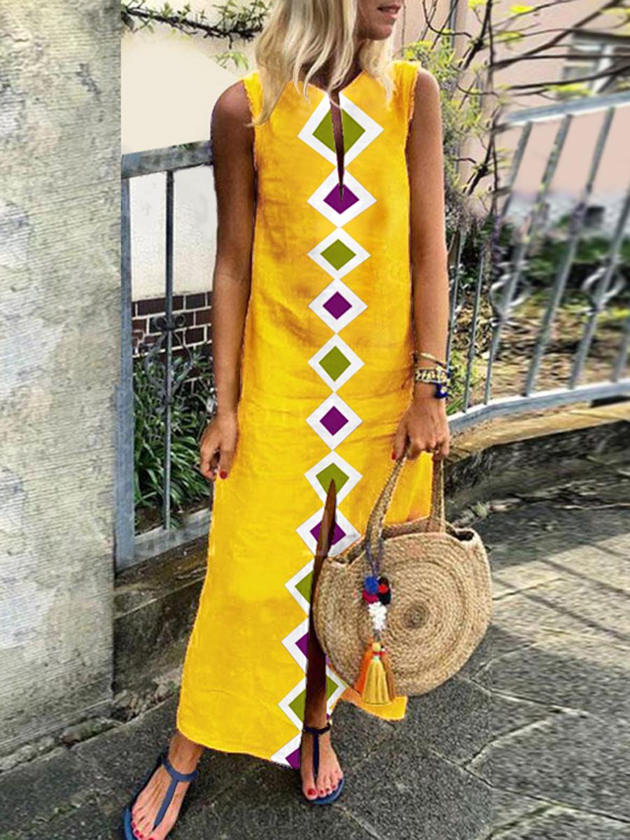Cotton/Linen V-Neck Bohemian Printed Sleeveless Casual Dress