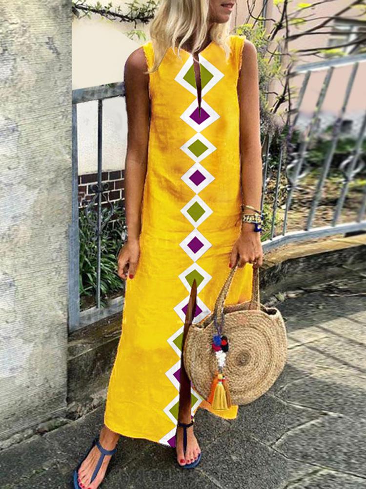 Cotton/Linen V-Neck Bohemian Printed Sleeveless Casual Dress