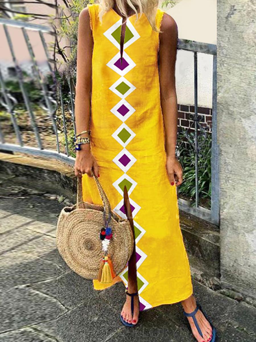 Cotton/Linen V-Neck Bohemian Printed Sleeveless Casual Dress