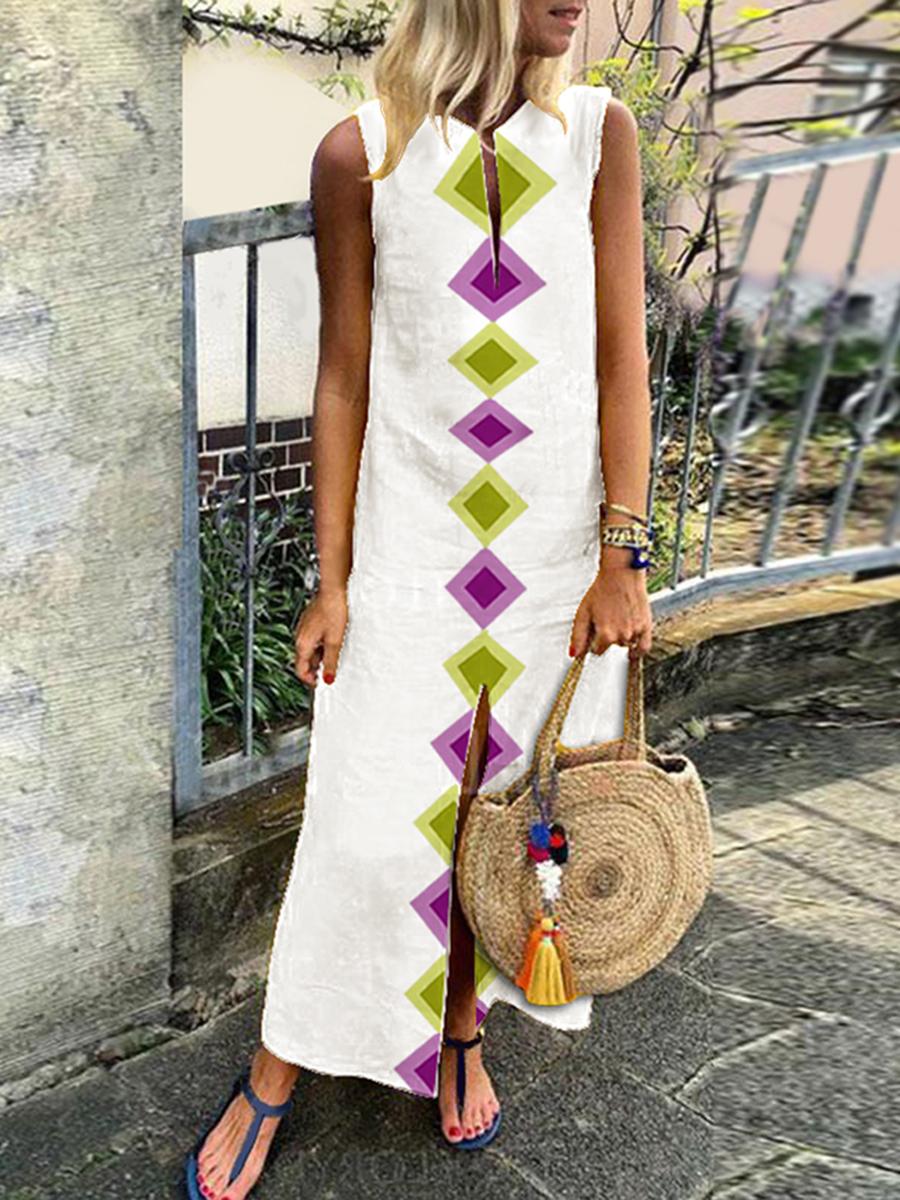 Cotton/Linen V-Neck Bohemian Printed Sleeveless Casual Dress