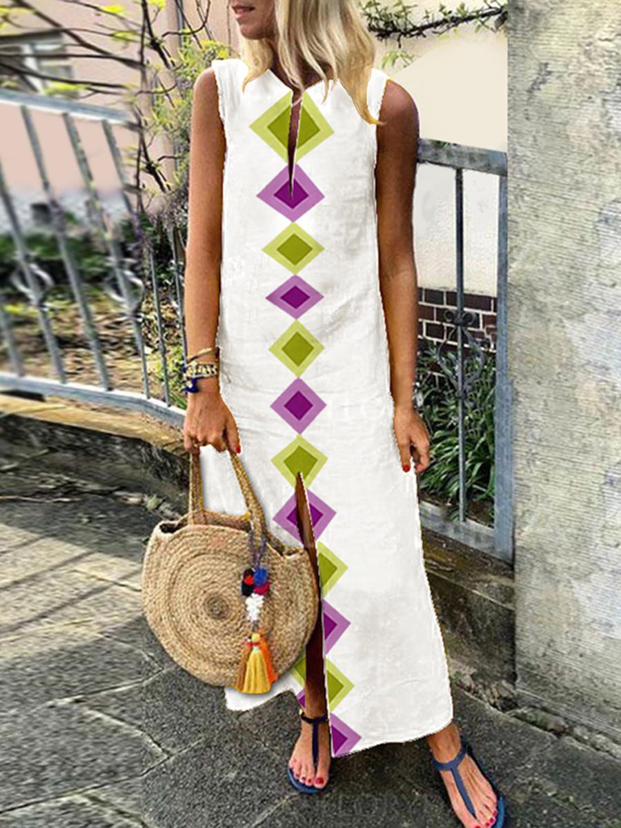 Cotton/Linen V-Neck Bohemian Printed Sleeveless Casual Dress