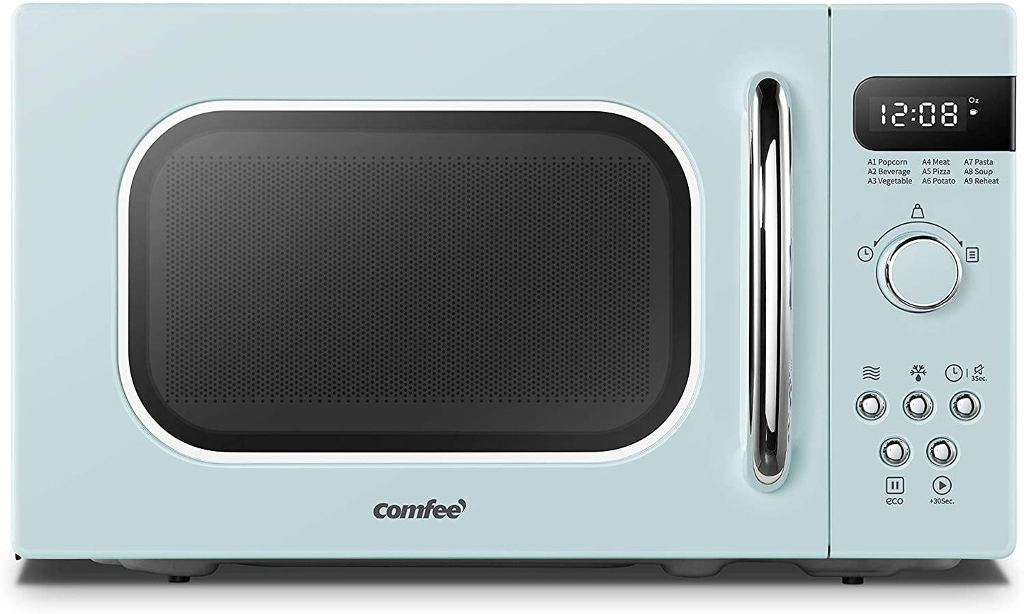 COMFEE' Retro Countertop Microwave Oven with Compact Size, Position-Memory Turntable, Sound On/Off Button, Child Safety Lock and ECO Mode, 0.7Cu.ft/700W, Pastel Green, AM720C2RA-G