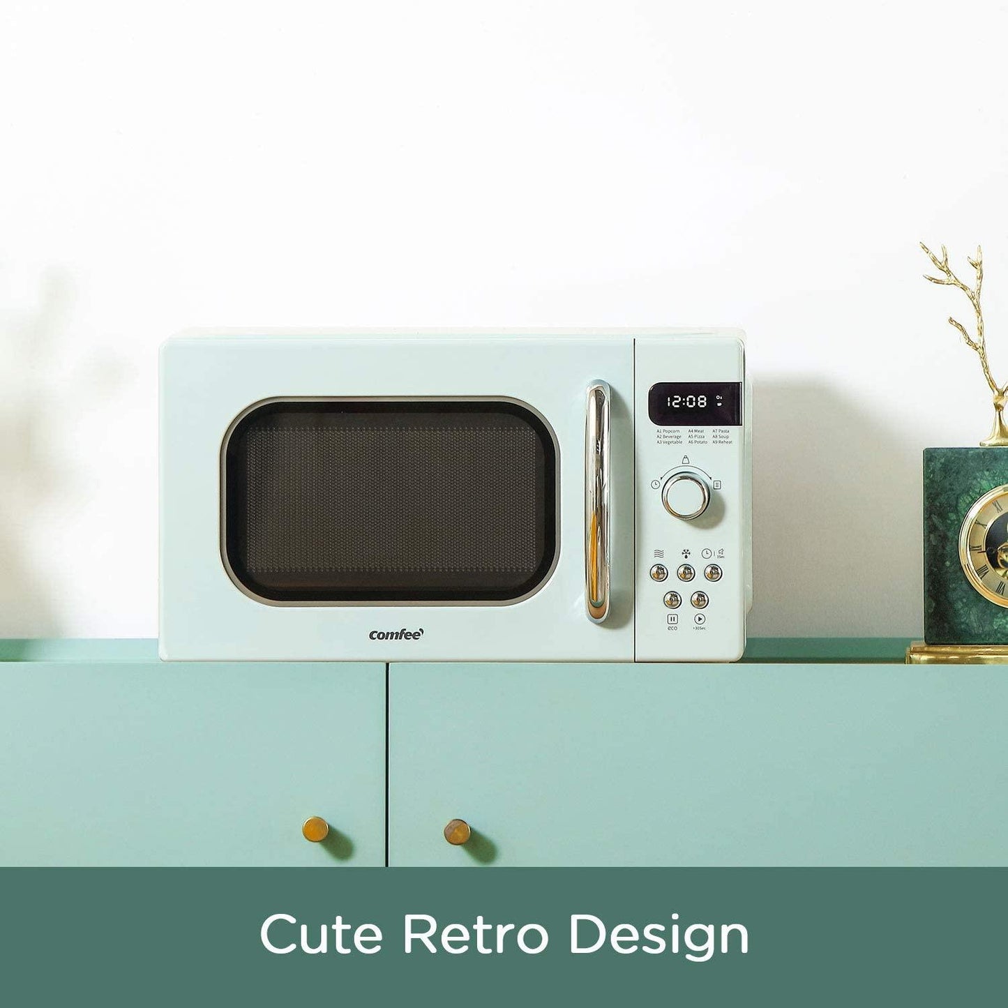 COMFEE' Retro Countertop Microwave Oven with Compact Size, Position-Memory Turntable, Sound On/Off Button, Child Safety Lock and ECO Mode, 0.7Cu.ft/700W, Pastel Green, AM720C2RA-G