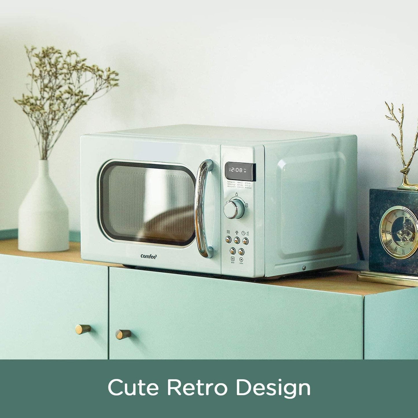 COMFEE' Retro Countertop Microwave Oven with Compact Size, Position-Memory Turntable, Sound On/Off Button, Child Safety Lock and ECO Mode, 0.7Cu.ft/700W, Pastel Green, AM720C2RA-G