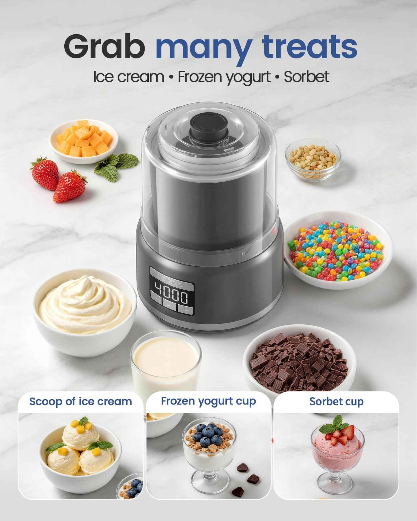 2.1 Qt Countertop Ice Cream Maker – Make Gelato, Sorbet & Frozen Yogurt in as Little as 20–30 Minutes, Fast Cooling, Visible Feeding Port, Easy 3-Button Control (Gray)