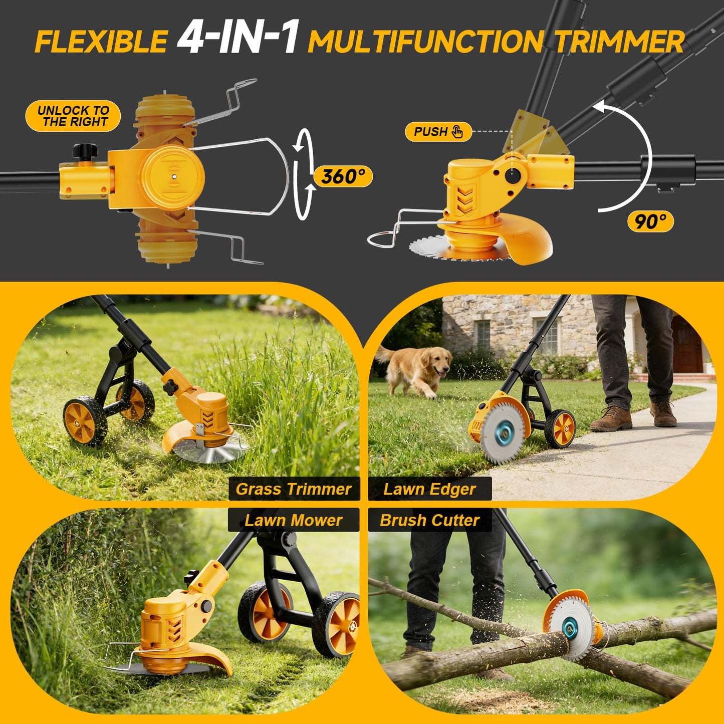 Electric Weed Wacker Cordless with Wheels,Electric Weed Eater Battery Powered,4 in 1 Grass Trimmer/Brush Cutter/Grass Edger/Small Lawn Mower,No String Trimmer with Metal Blade,2 Battery (Yellow)