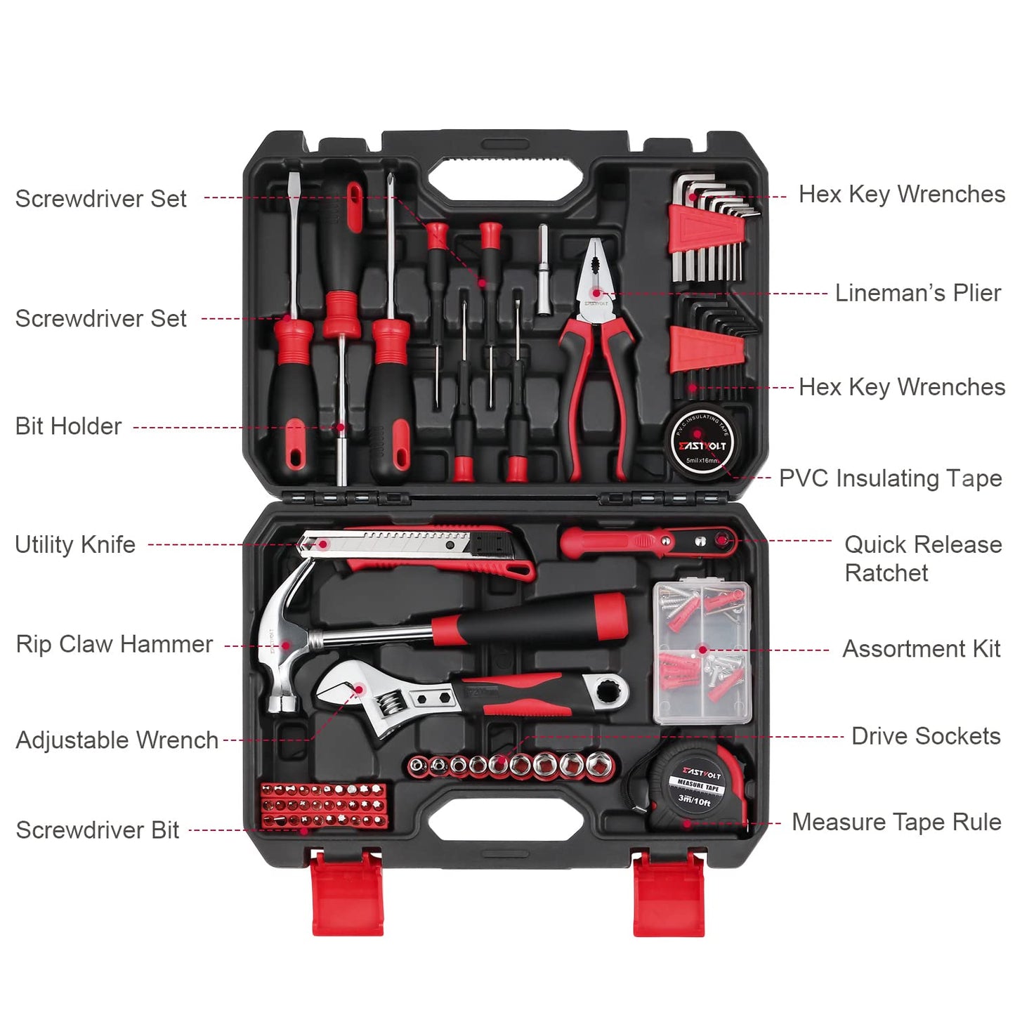 128-Piece Home Repair Tool Set, Tool Sets for Homeowners, General Household Hand Tool Set with StoraToolbox, EVHT12801, Black + Red (ASK01)
