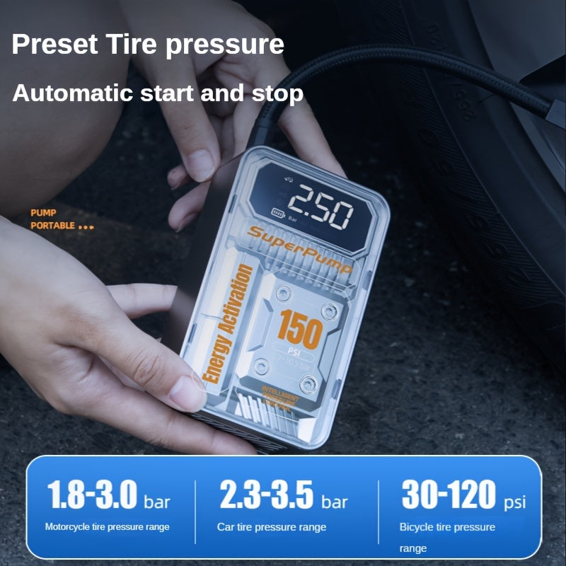 Tire Inflator Portable Air Compressor, 12V DC 150PSI 0.2-10.5 Bar Car Air Pump With Digital Display, LED Light, For Car, Motorcycle, Bicycle, Ball