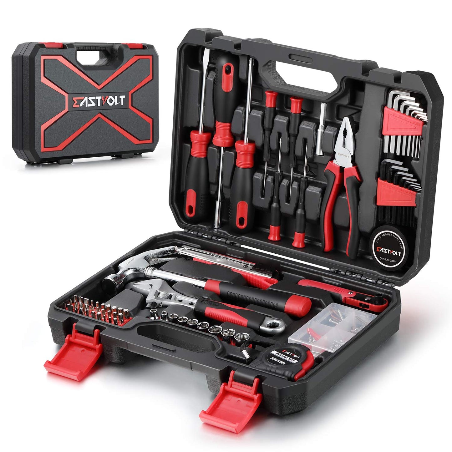 128-Piece Home Repair Tool Set, Tool Sets for Homeowners, General Household Hand Tool Set with StoraToolbox, EVHT12801, Black + Red (ASK01)