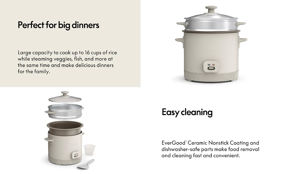 16 Cup Rice Cooker with Steamer, Dishwasher Safe Steaming Basket, Rice Paddle and Measuring Cup, Removable Nonstick CooBowl, Automatic Keep Warm Function, 400 Watt, Oatmilk