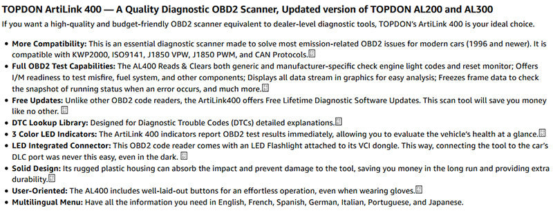 TOPDON OBD2 Scanner, AL400 Check Engine Light, Car Scanner With O2 Sensor/Freeze Frame/I/M Readiness/Smog Check/DTC Lookup, CAN Diagnostic Scanner