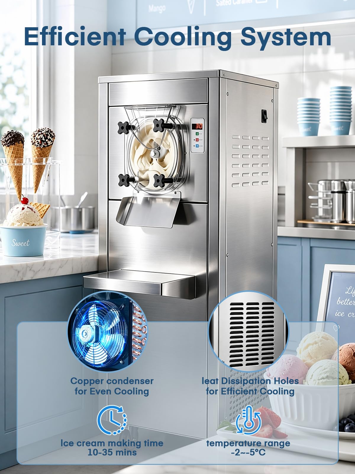 Commercial Ice Cream Machine 2000W, 20-28 L/H Yield Gelato Hard Serve Ice Cream Maker with 7L  Steel Cylinder,LED Panel, Timer, Auto Clean for Restaurants Snack cafes