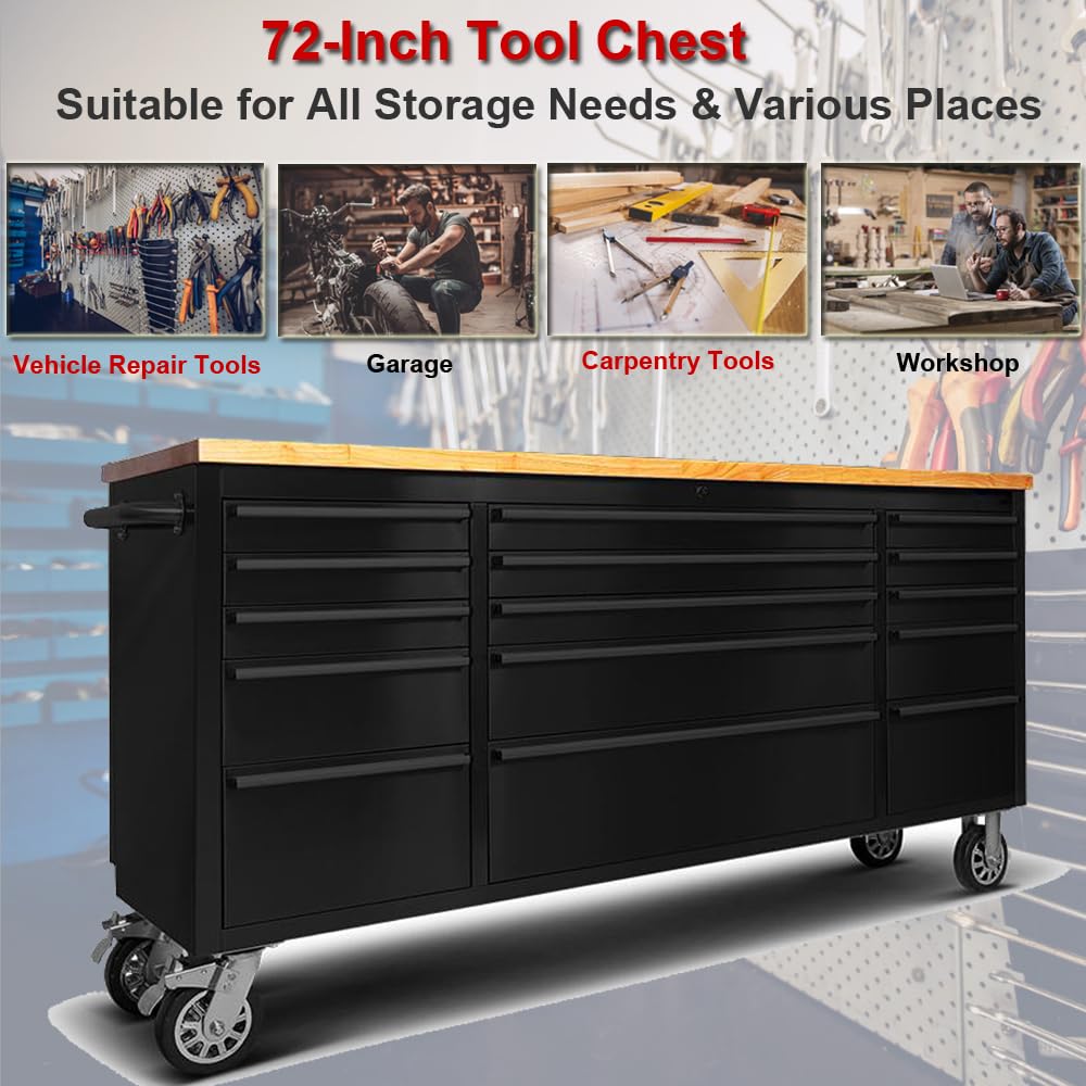 72" Rolling Tool Chest with 15 Drawers, Lockable StoraCabinet, Black Mobile Workbench, Assembled Black LarTool Box with Wheels for GaraWorkshop (1 × HTC7215PC-1)