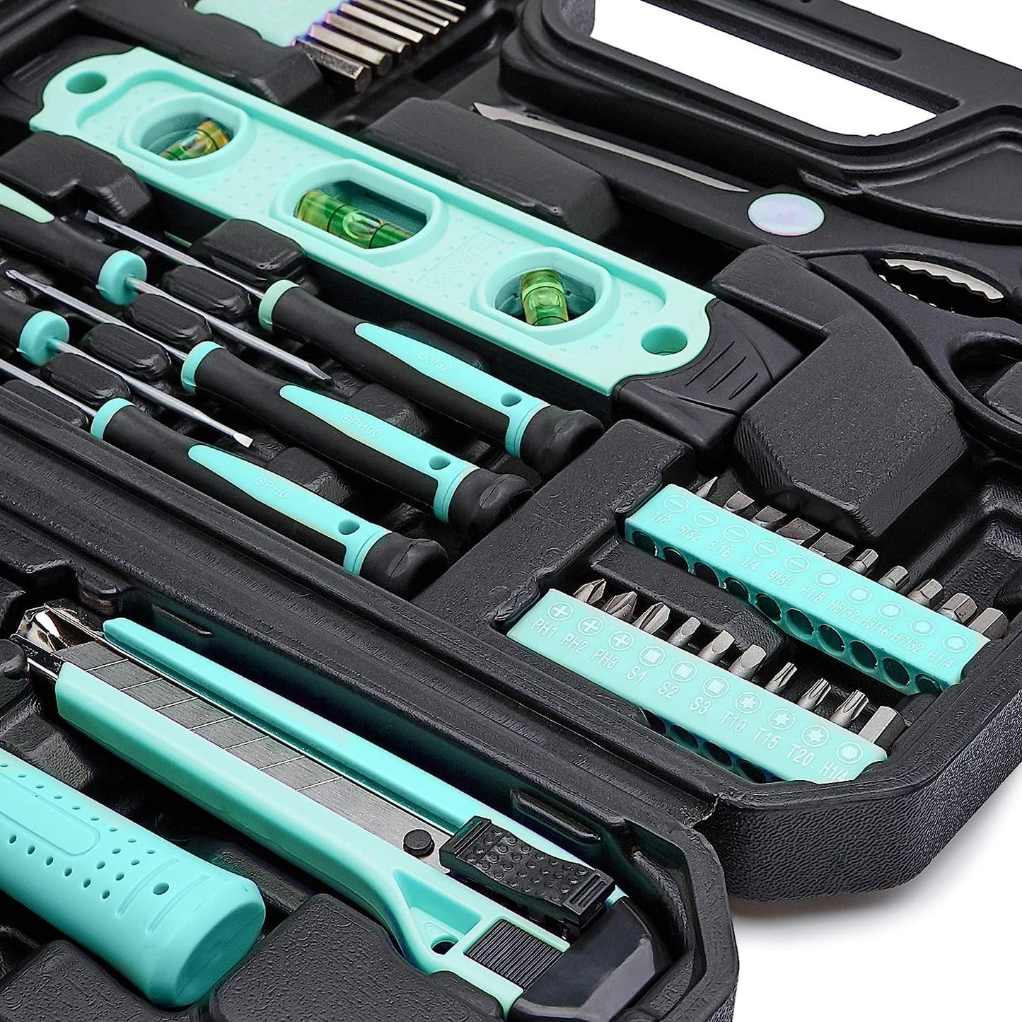 142-Piece Household Tool Kit for Home Repair, Hand Tools with StoraCase, 13.39 x 9.25 x 2.95 inch, Turquoise