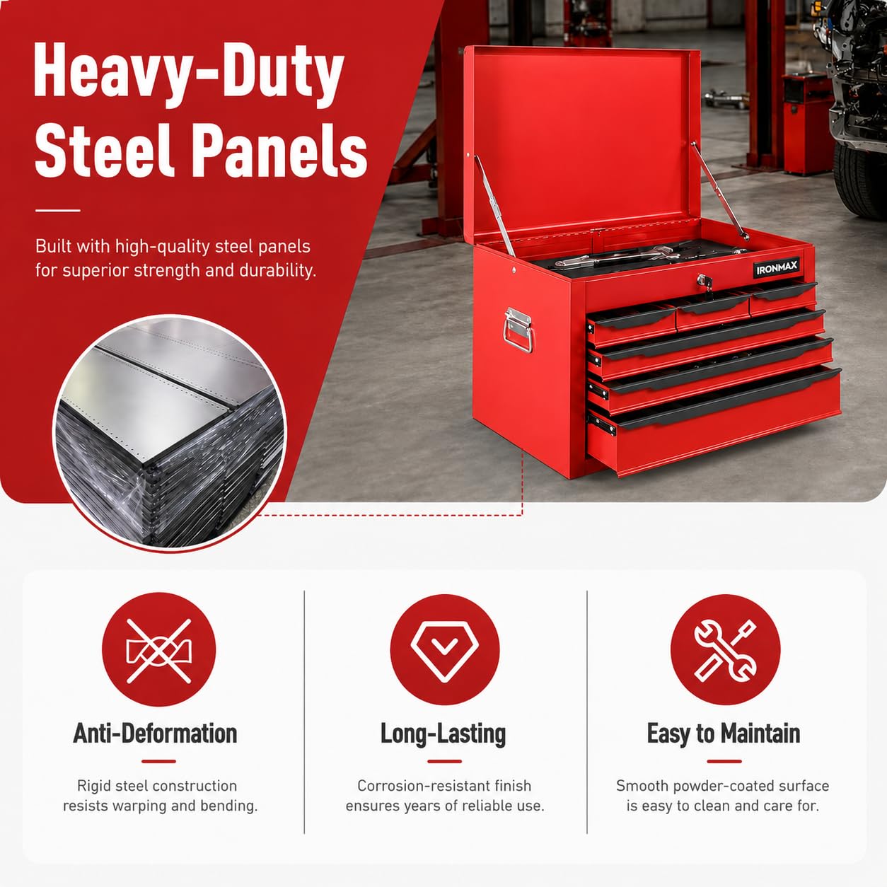 LarMetal Tool Box, Tool Box with 6 Drawers & Top Tray, Heavy-Duty Steel Tool Chest with Auto-LocDrawers and Side Handles for Gara& Workbench, Red