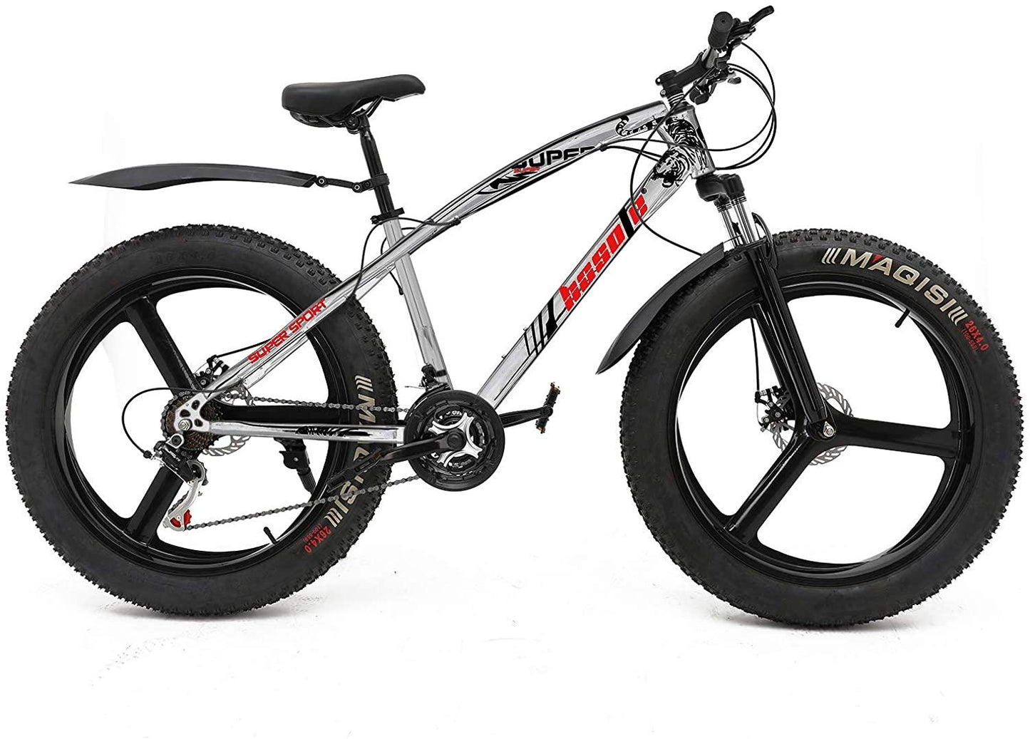 hosote Fat Tire Bike for Men, 26 Inch  21 Speed Mountain Bike, 4 inch Wide Tire Beach Snow Mountain Bicycle, Suspension Fork Dual Disc Brakes MTB with 3 Spoke Wheel