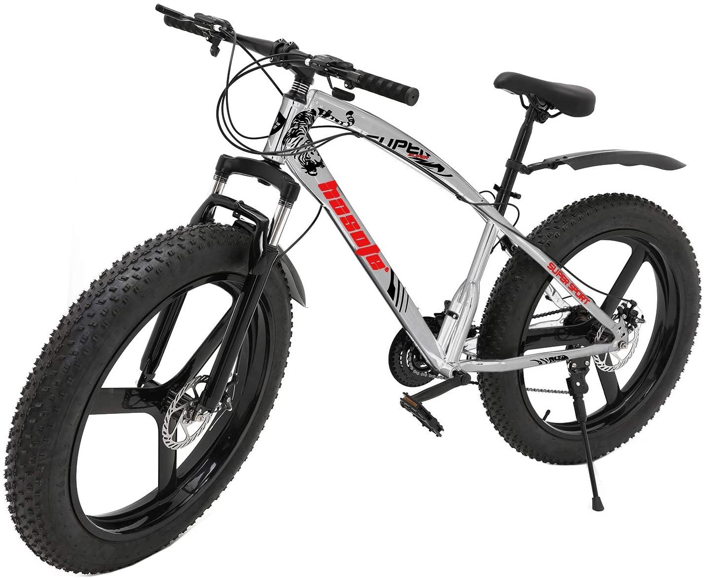 hosote Fat Tire Bike for Men, 26 Inch  21 Speed Mountain Bike, 4 inch Wide Tire Beach Snow Mountain Bicycle, Suspension Fork Dual Disc Brakes MTB with 3 Spoke Wheel
