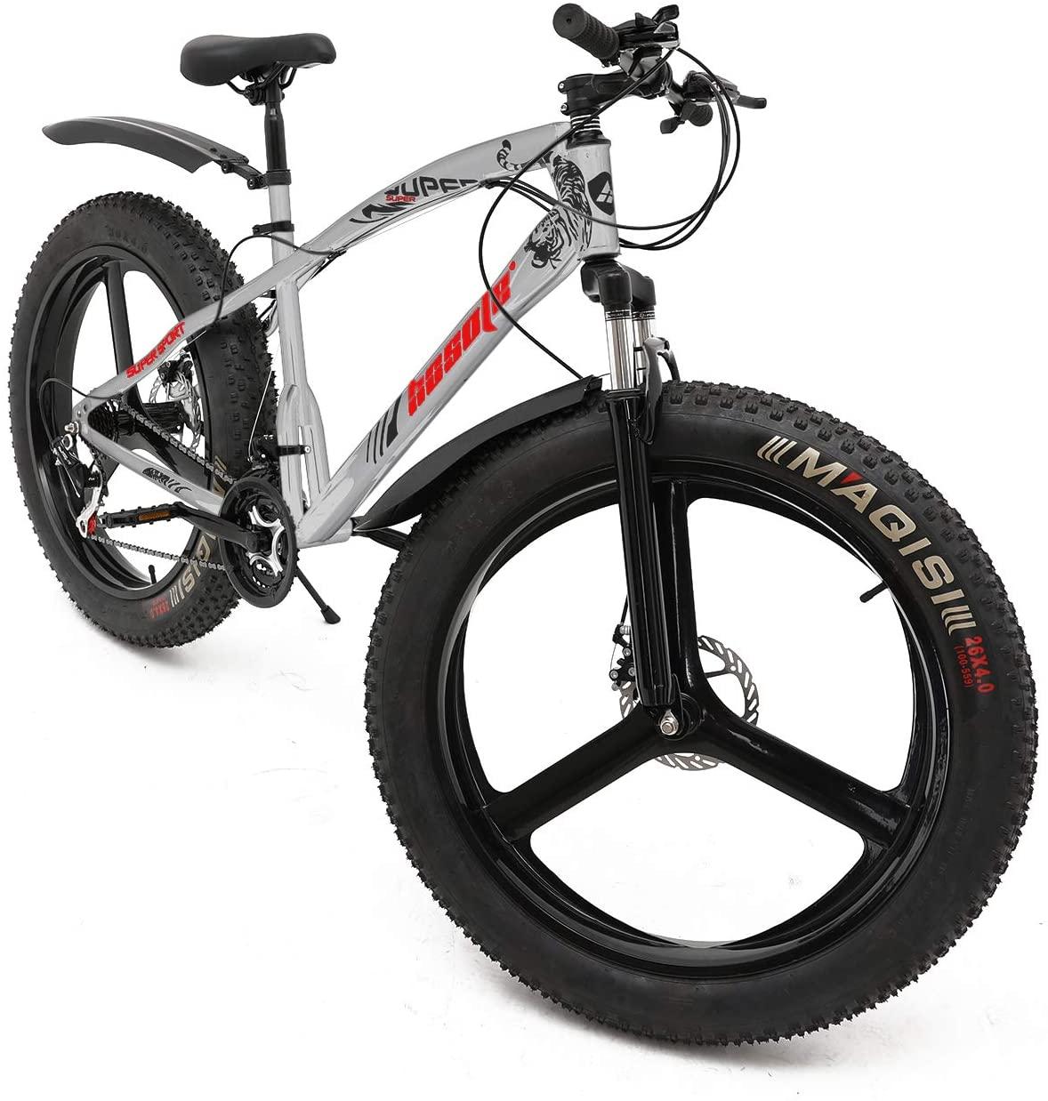 hosote Fat Tire Bike for Men, 26 Inch  21 Speed Mountain Bike, 4 inch Wide Tire Beach Snow Mountain Bicycle, Suspension Fork Dual Disc Brakes MTB with 3 Spoke Wheel