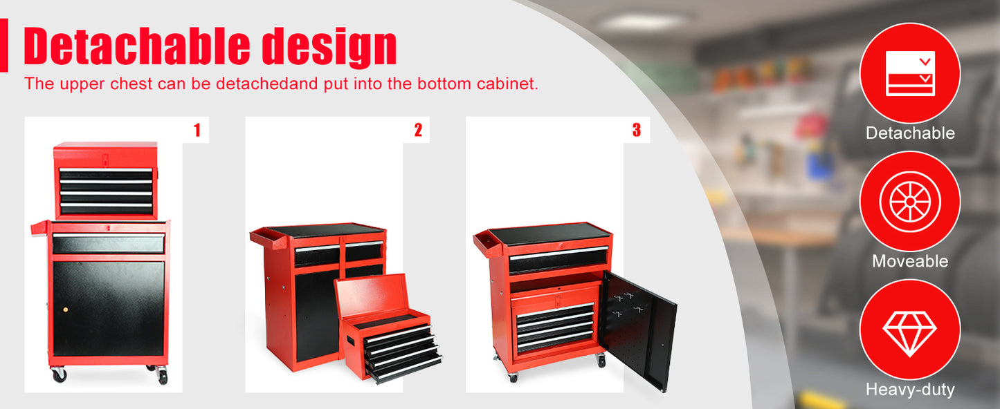 5-Drawer Rolling Tool Chest, 2 in 1 Tool StoraCabinet with Detachable Top, Steel Tool Box with Wheels, Red and Black, Lockable, for GaraWorkshop