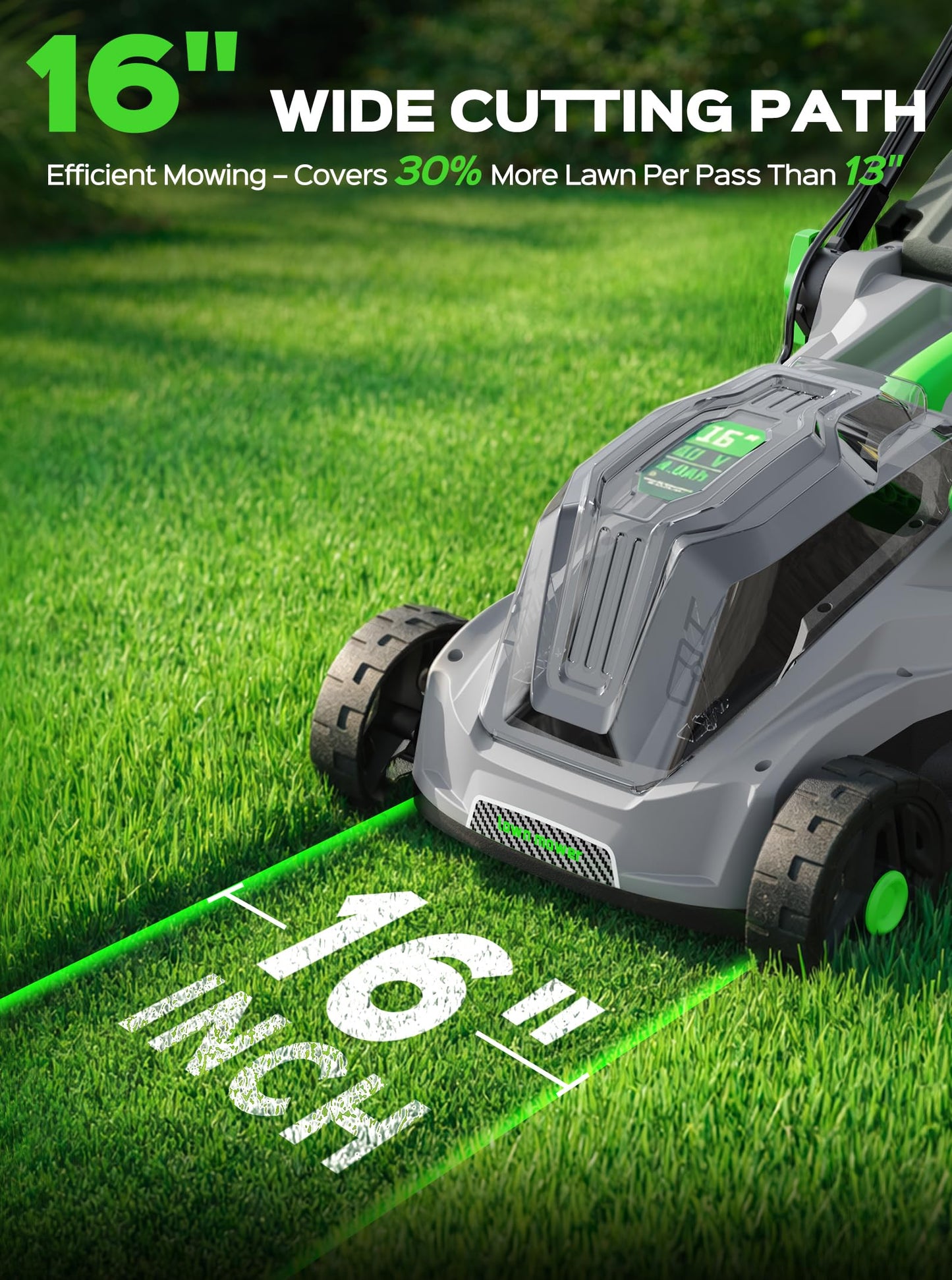 40V 16-Inch Brushless Cordless Lawn Mower with 4.0Ah Battery &amp; Charger, 2-in-1 Electric Push Mower, 5-Position Height Adjustment, Lightweight, Compact Storage, for Small Yards - Green