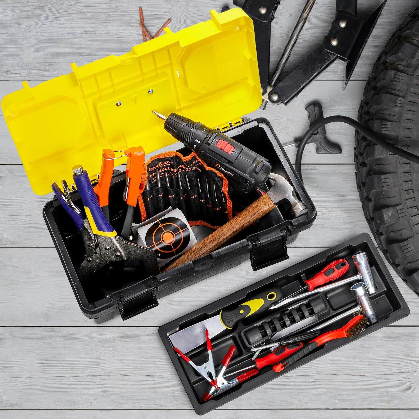 16 Inch Plastic Tool Box with Handle, Portable Toolbox with Removable Tray and Lockable , Heavy Duty Toolbox Organizer with Small Parts Box for Household Workshops Garages, Black Yellow