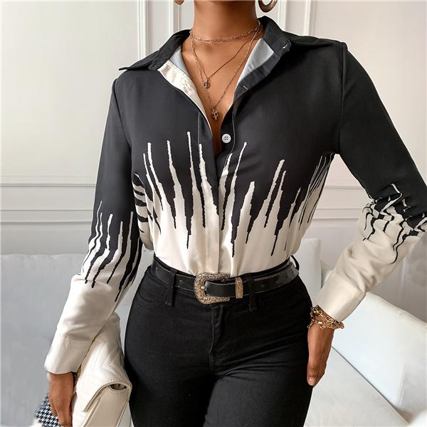 Temperament lapel retro print long-sleeved shirt